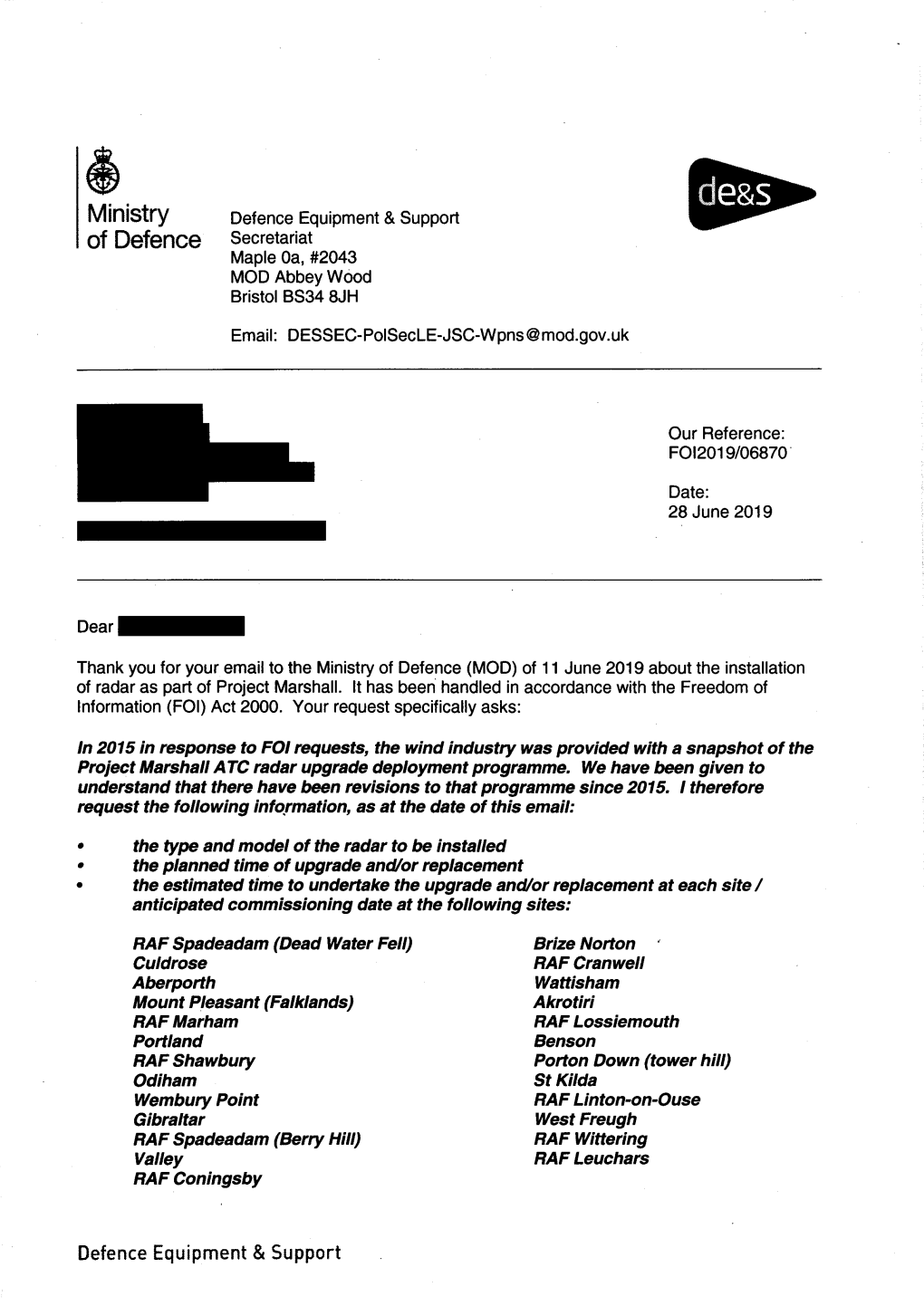 Updated Information Regarding Project Marshall ATC Radar Upgrade