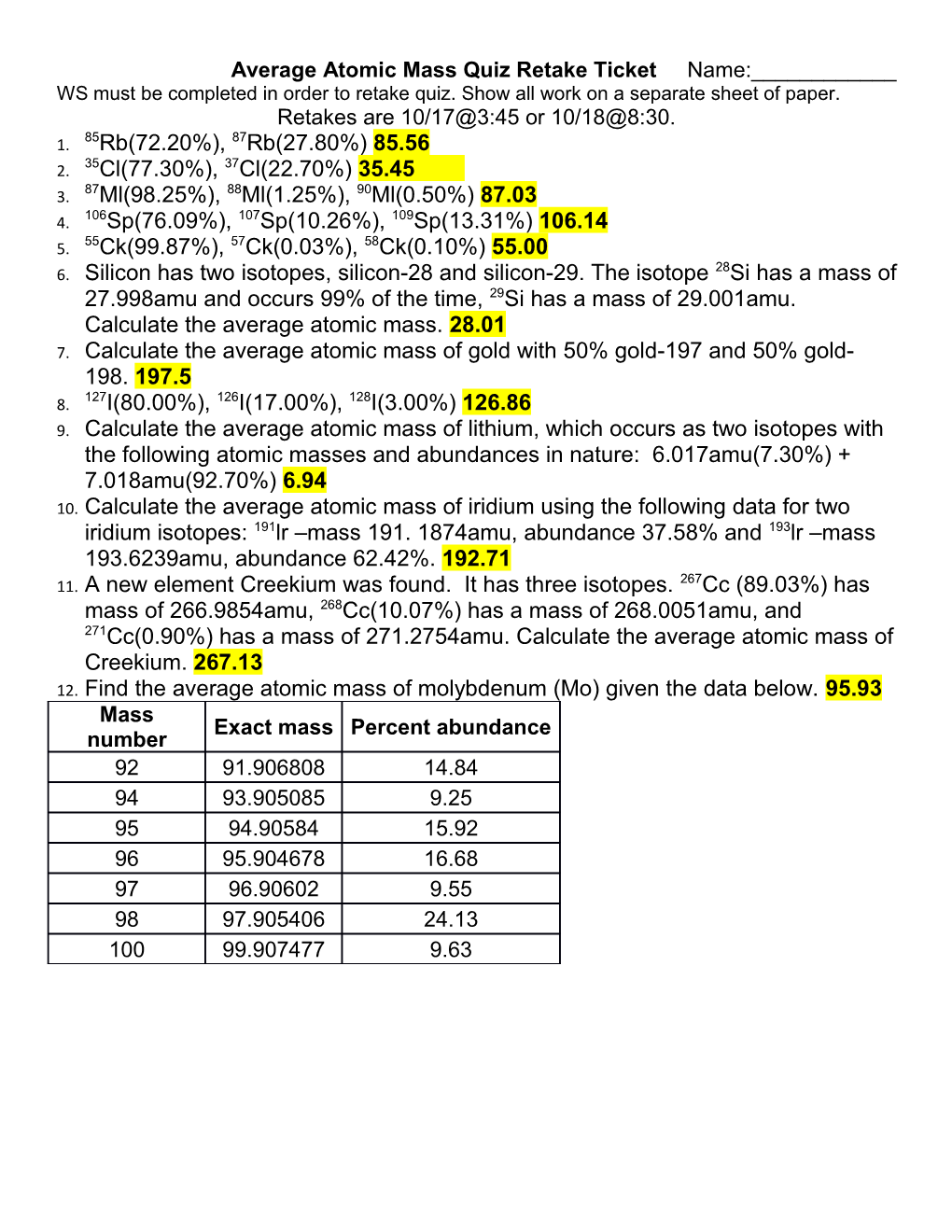 Average Atomic Mass Quiz Retake Ticket Name:______