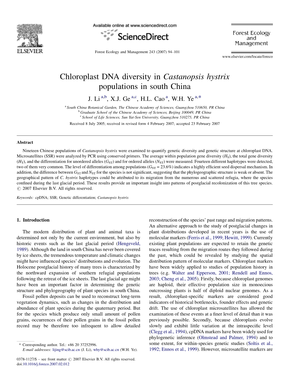 Chloroplast DNA Diversity in Castanopsis Hystrix Populations in South China J
