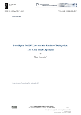 Paradigms for EU Law and the Limits of Delegation. the Case of EU Agencies by Marta Simoncini
