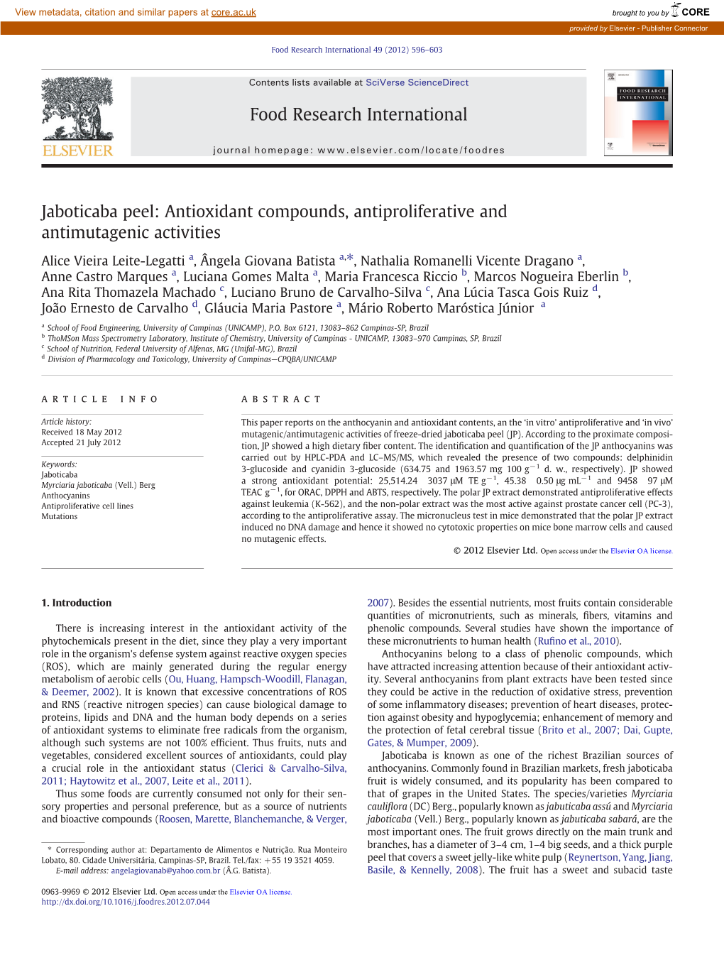 Jaboticaba Peel: Antioxidant Compounds, Antiproliferative and Antimutagenic Activities