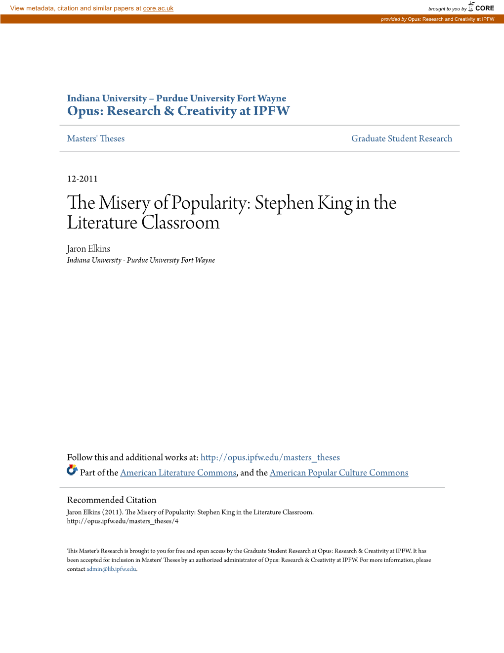 The Misery of Popularity: Stephen King in the Literature Classroom