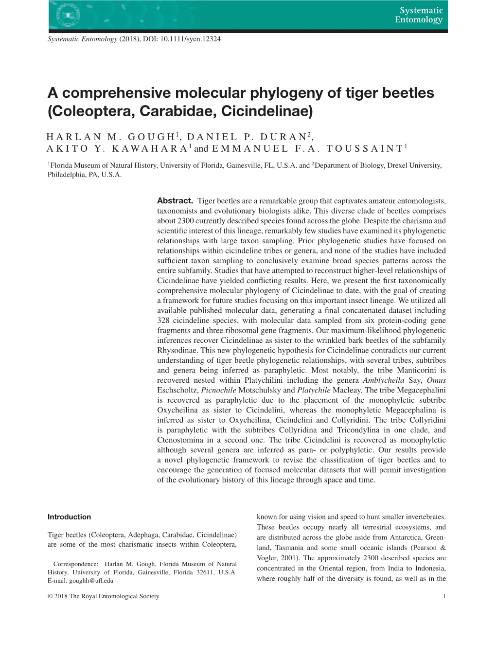 A Comprehensive Molecular Phylogeny of Tiger Beetles (Coleoptera, Carabidae, Cicindelinae)