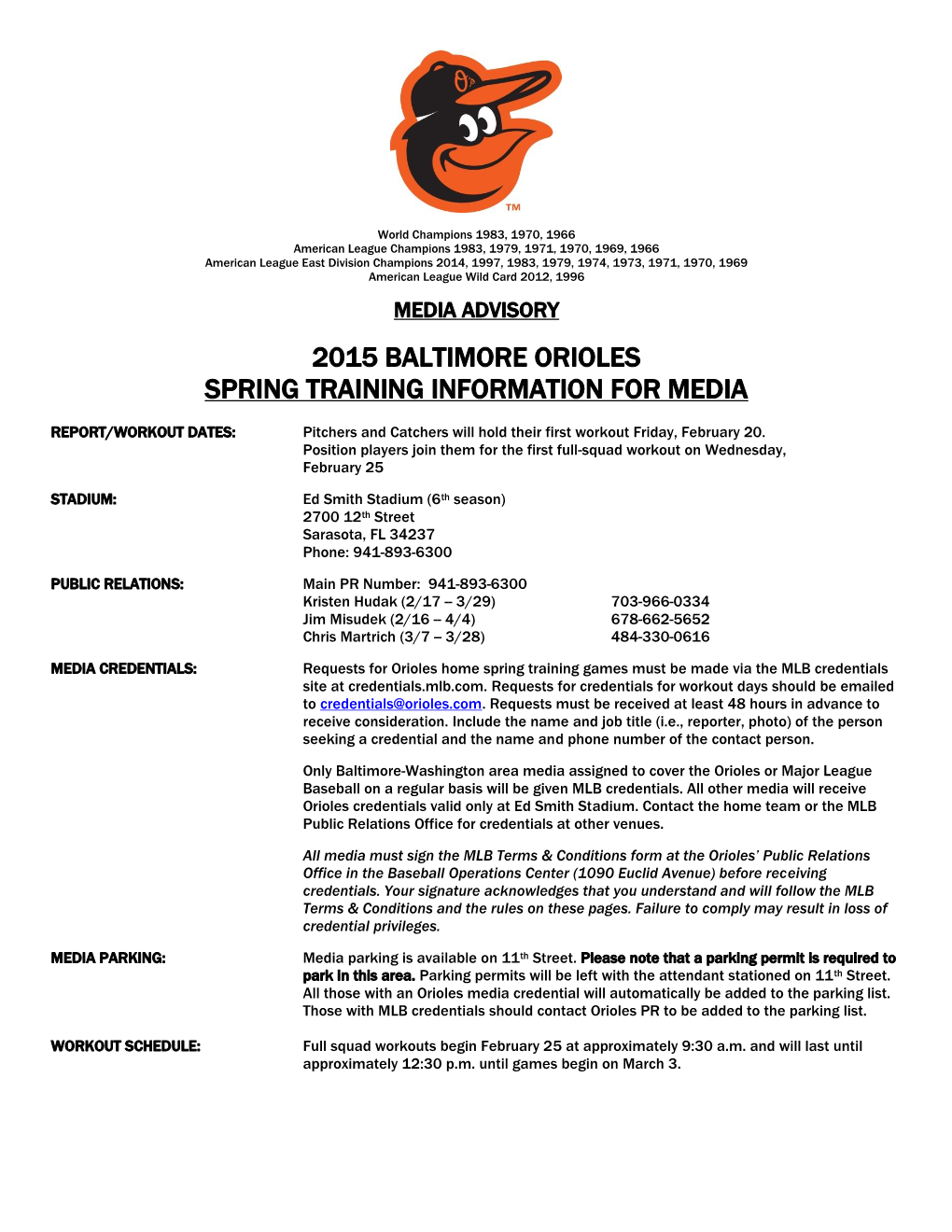 2015 Baltimore Orioles Spring Training Information for Media