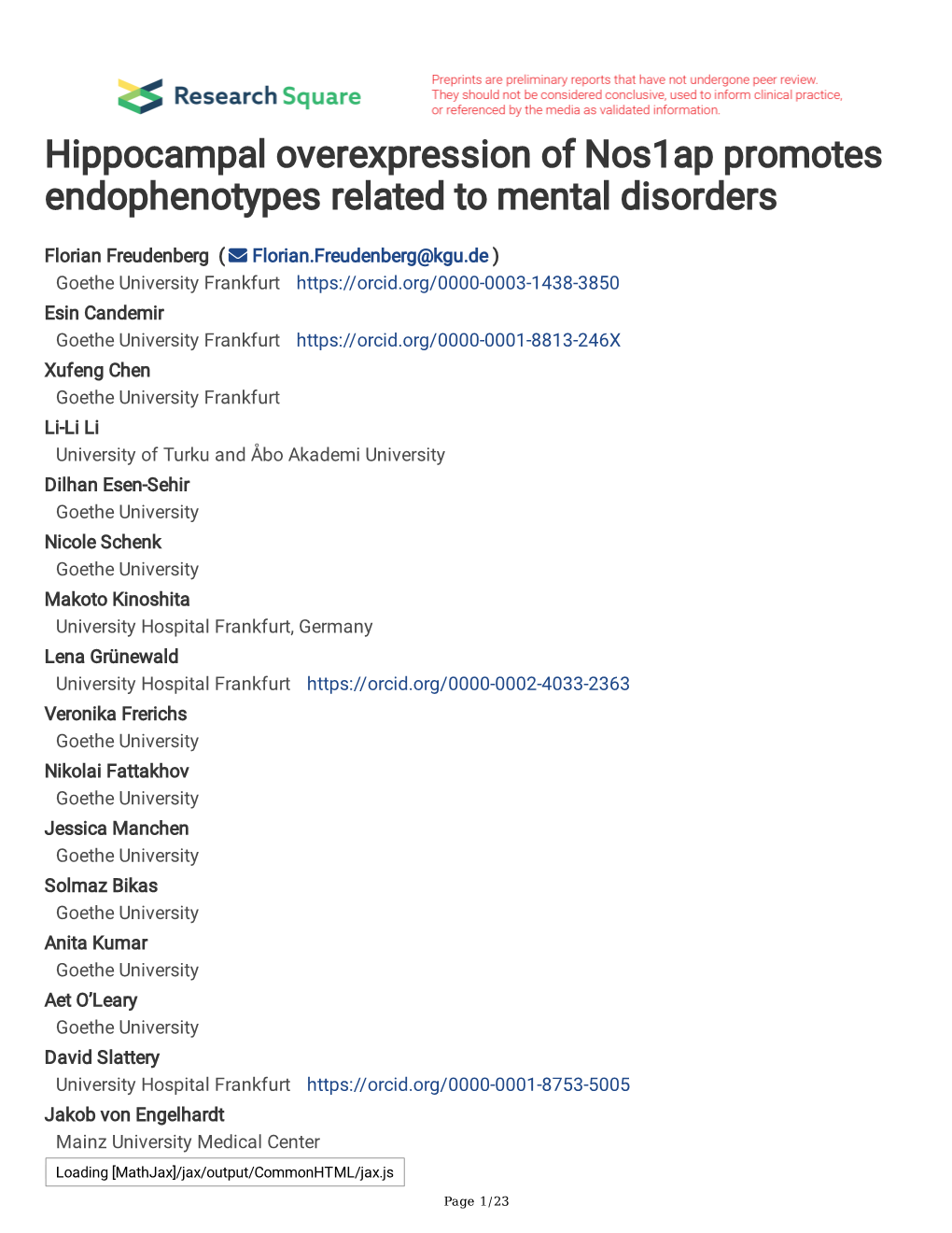 Hippocampal Overexpression of Nos1ap Promotes Endophenotypes Related to Mental Disorders