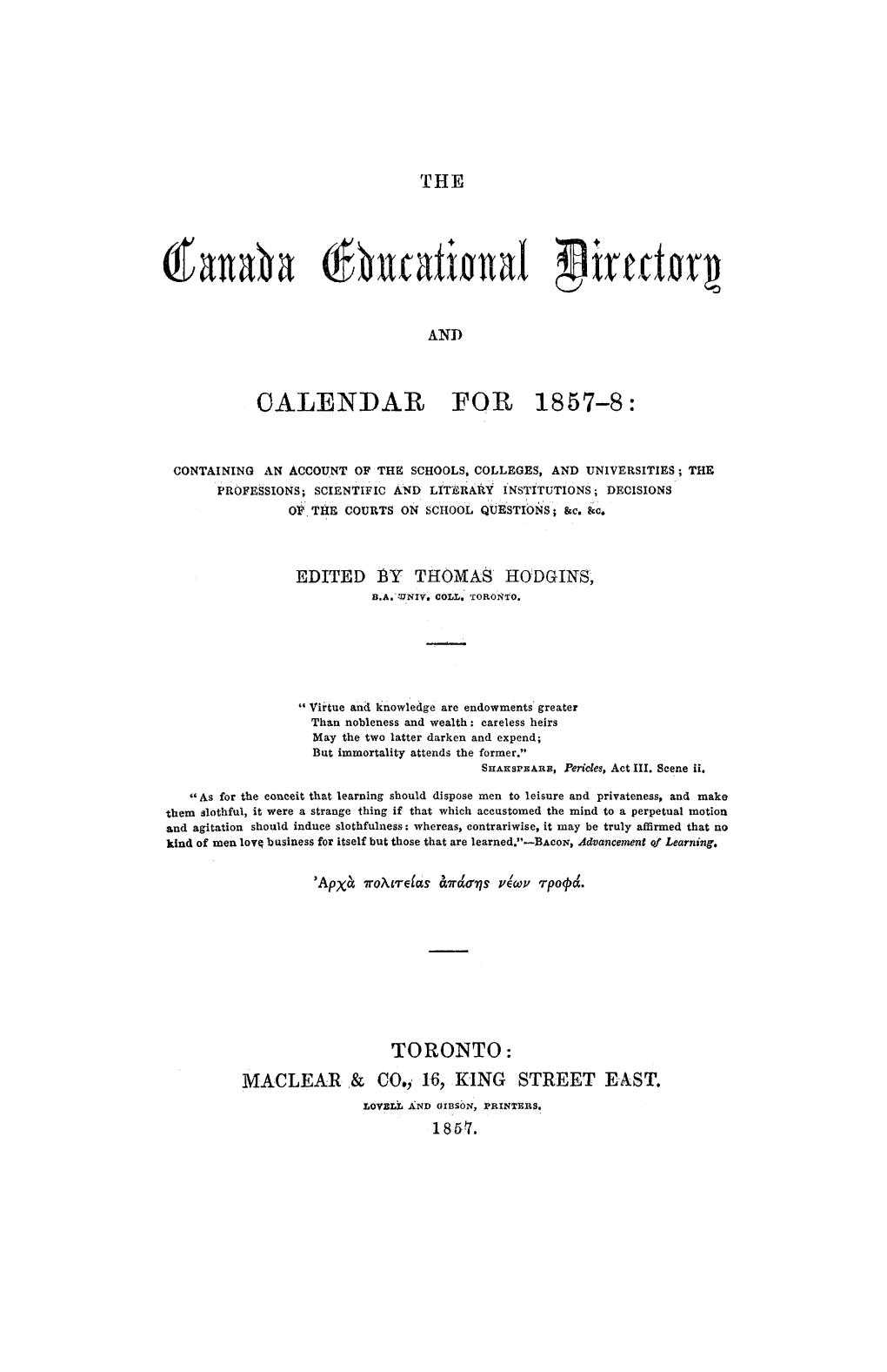 Calendar for 1857-8