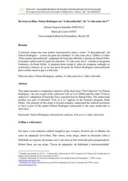 Do Texto Ao Filme. Nelson Rodrigues Em “A Desconhecida”, De “A Vida Como Ela É”1