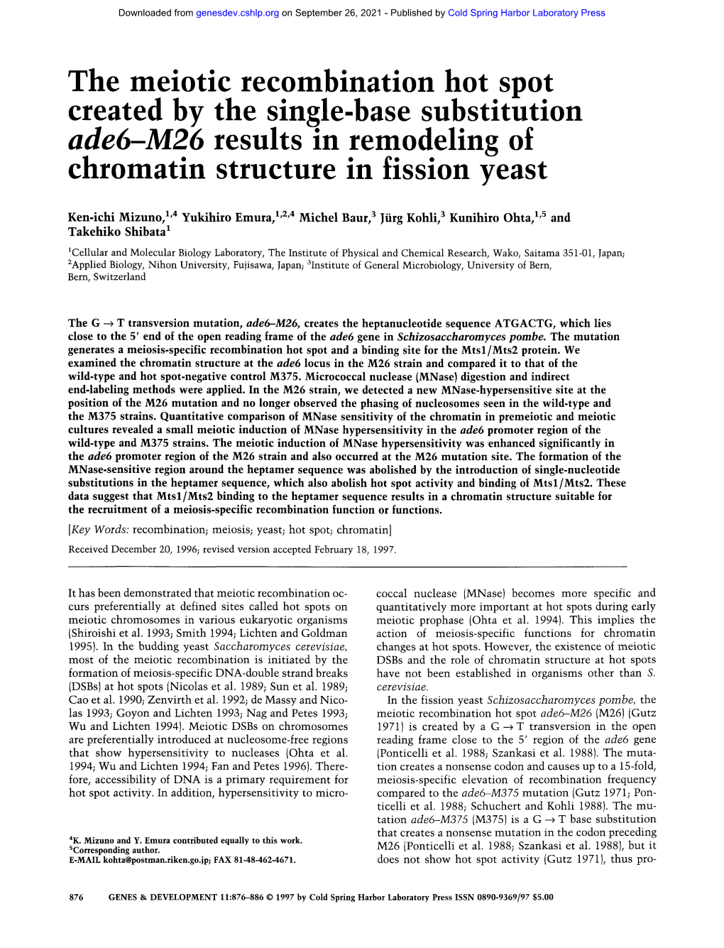 The Meiotic Recombination Hot Spot Created by the Single-Base Substitution Ade6-M26 Results in Remodeling of Chromatin Structure in Fission Yeast