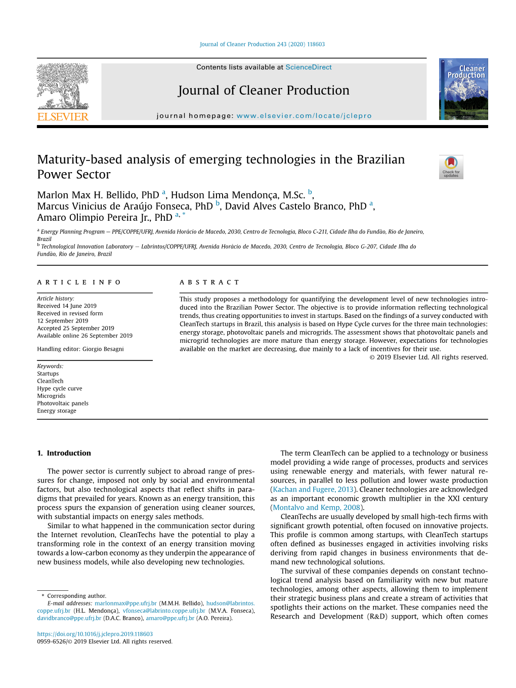 Maturity-Based Analysis of Emerging Technologies in the Brazilian Power Sector Journal of Cleaner Production