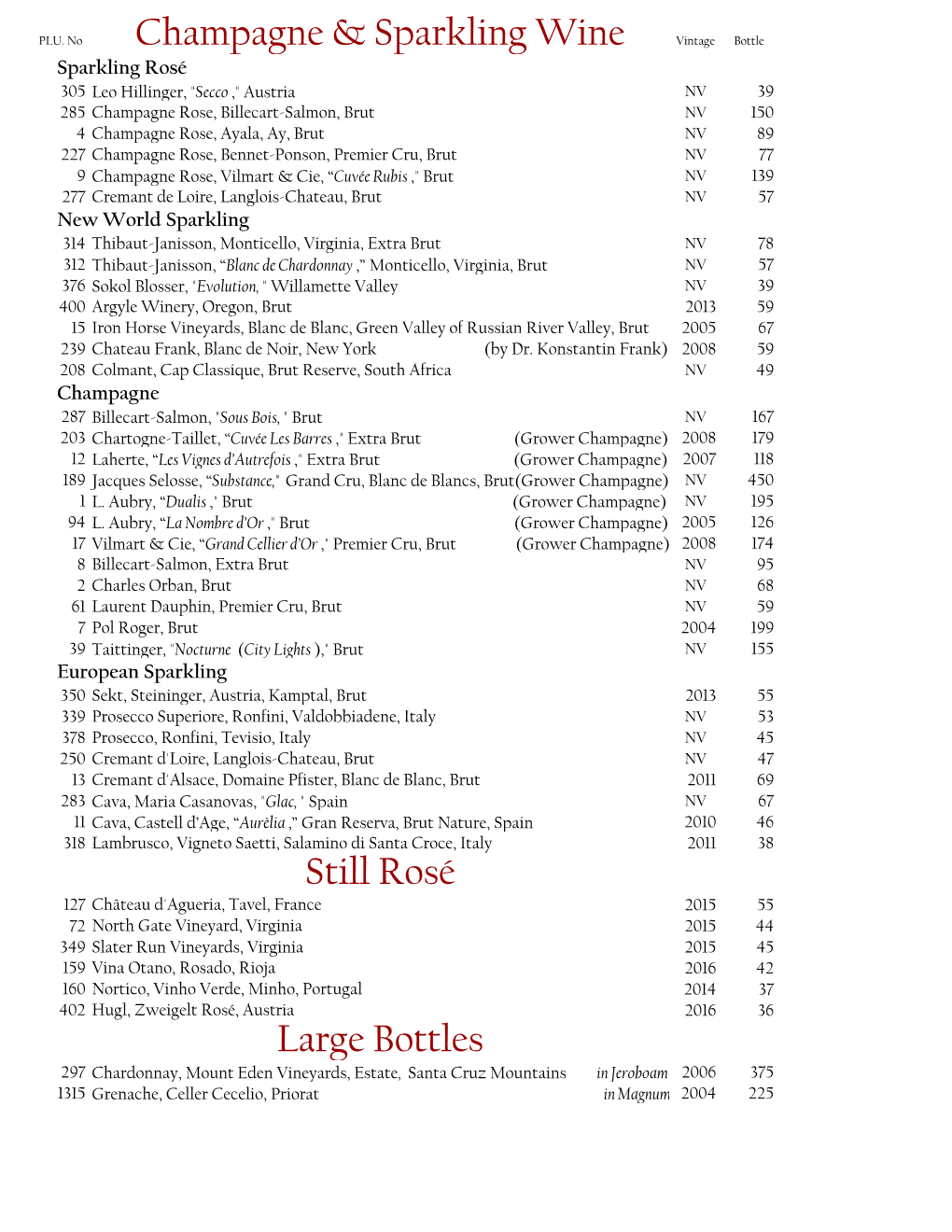 Ashby Inn Wine List