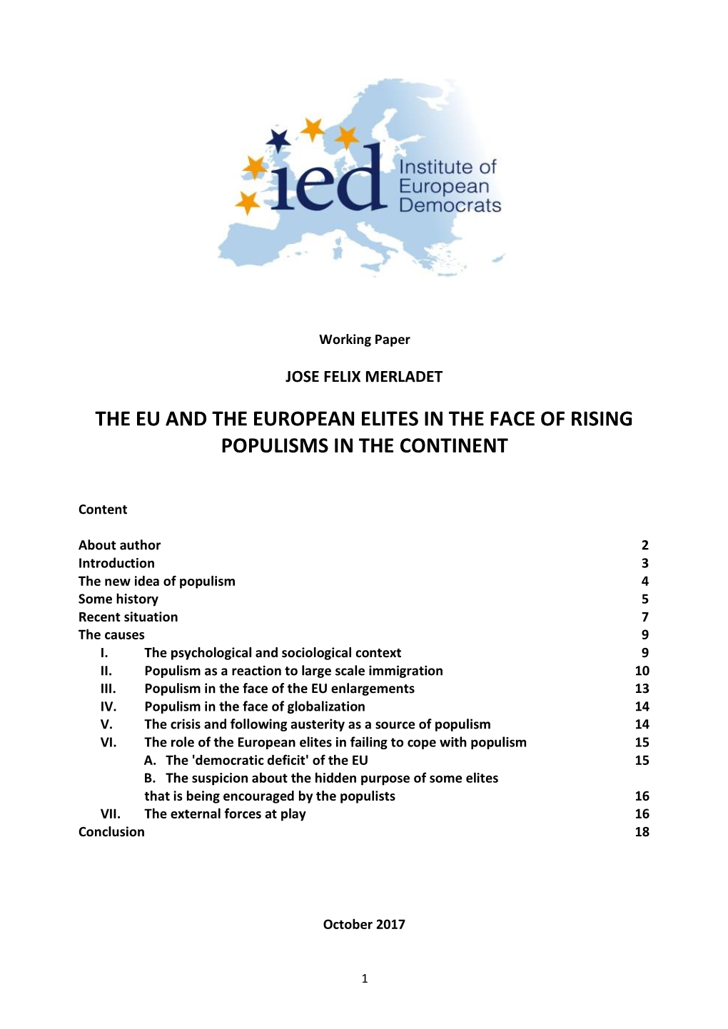 To Access the IED Working Paper “The EU and the European Elites In