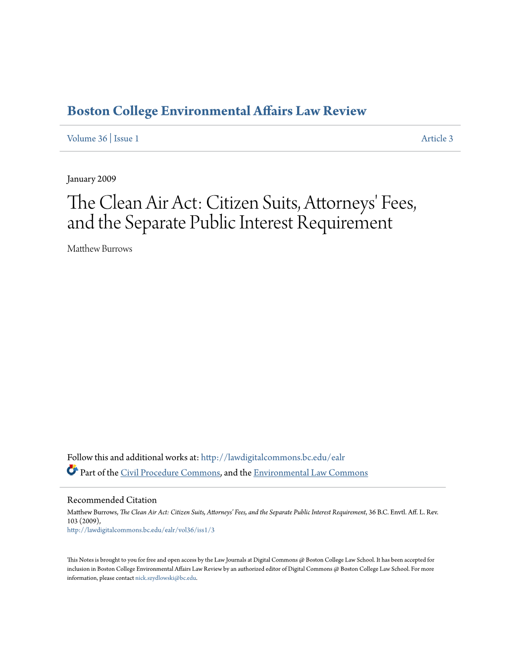 The Clean Air Act: Citizen Suits, Attorneys' Fees, and the Separate Public Interest Requirement, 36 B.C