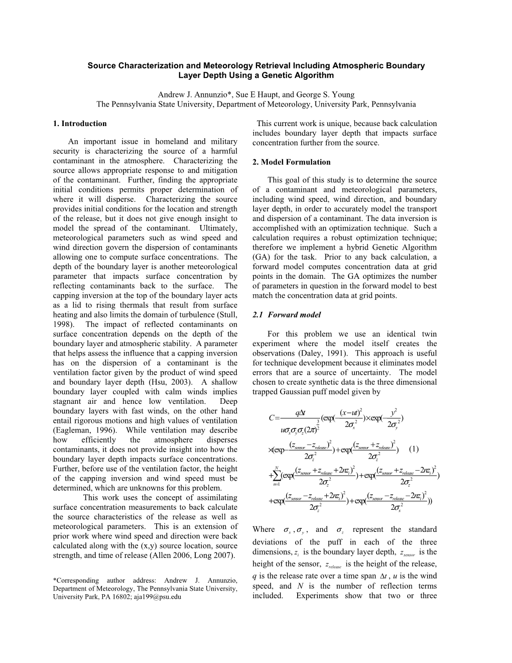 Source Characterization and Meteorology Retrieval Including Atmospheric Boundary Layer Depth Using a Genetic Algorithm