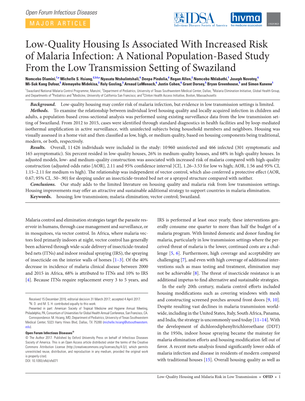 Low-Quality Housing Is Associated with Increased Risk of Malaria Infection: a National Population-Based Study from the Low Tran