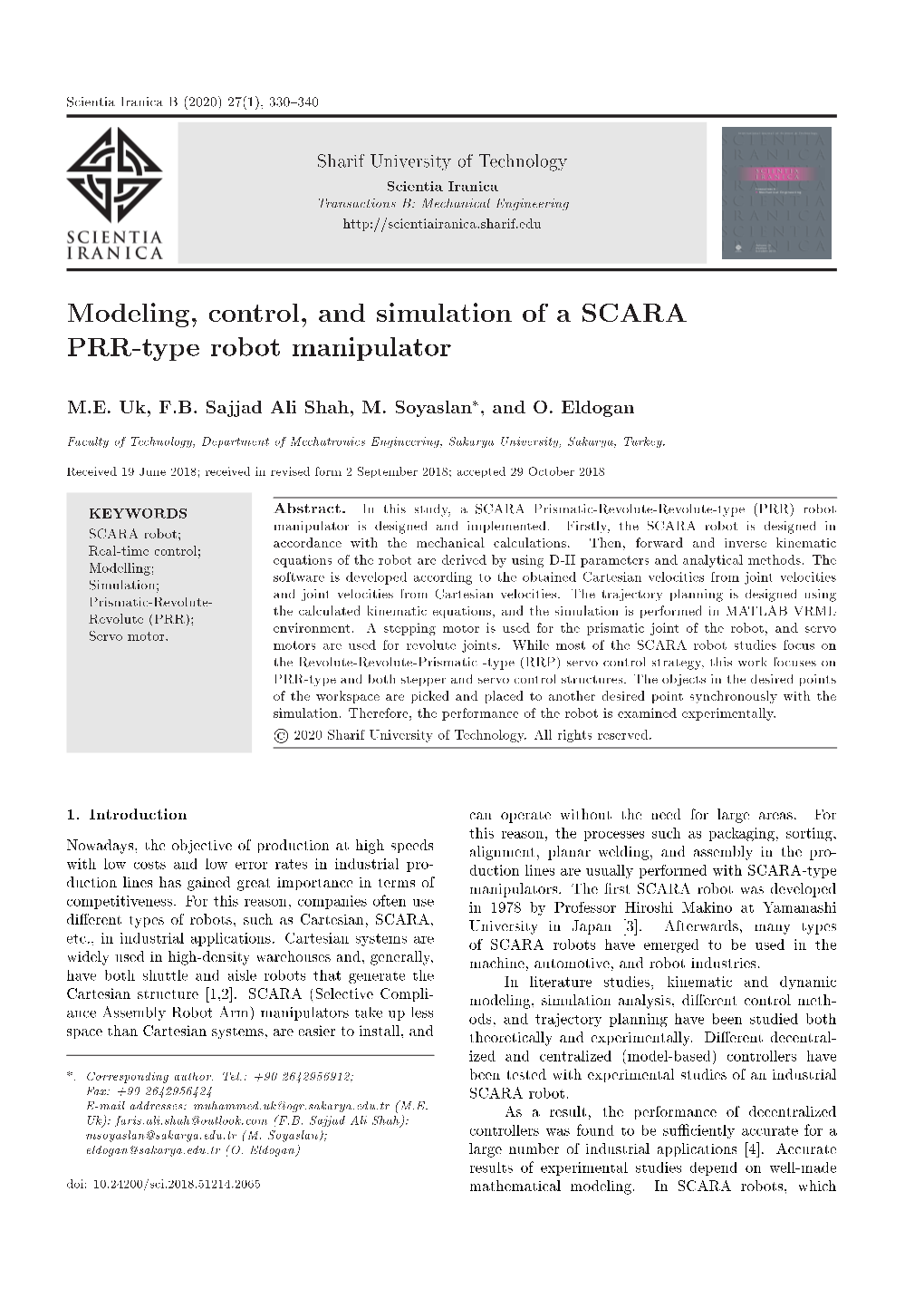 Modeling, Control, and Simulation of a SCARA PRR-Type Robot Manipulator