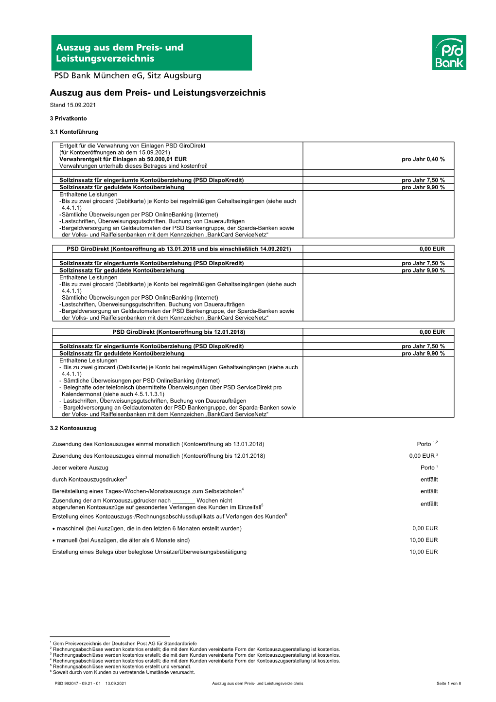 Auszug Aus Dem Preis- Und Leistungsverzeichnis PSD Bank München Eg ...