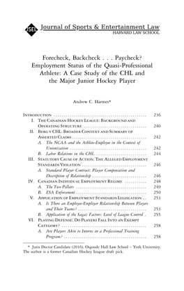 Employment Status of the Quasi-Professional Athlete: a Case Study of the CHL and the Major Junior Hockey Player