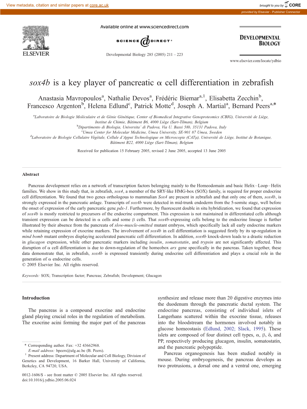 Sox4b Is a Key Player of Pancreatic a Cell Differentiation in Zebrafish