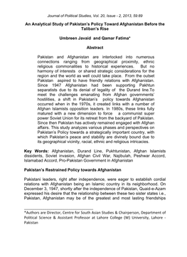 An Analytical Study of Pakistan's Policy Toward Afghanistan Before