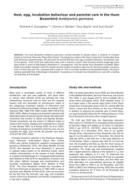 Nest, Egg, Incubation Behaviour and Parental Care in the Huon Bowerbird Amblyornis Germana