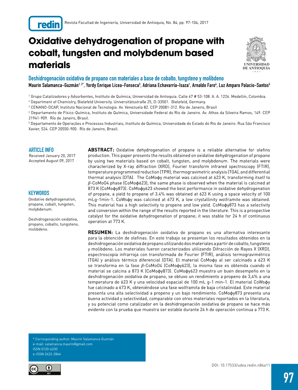 Oxidative Dehydrogenation of Propane with Cobalt, Tungsten and Molybdenum Based Materials