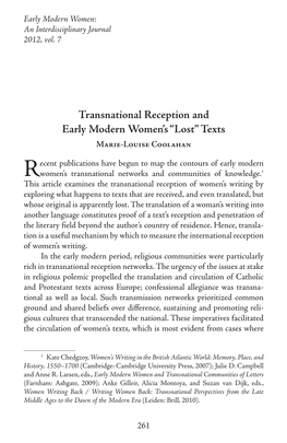 Transnational Reception and Early Modern Women’S “Lost” Texts Marie-Louise Coolahan