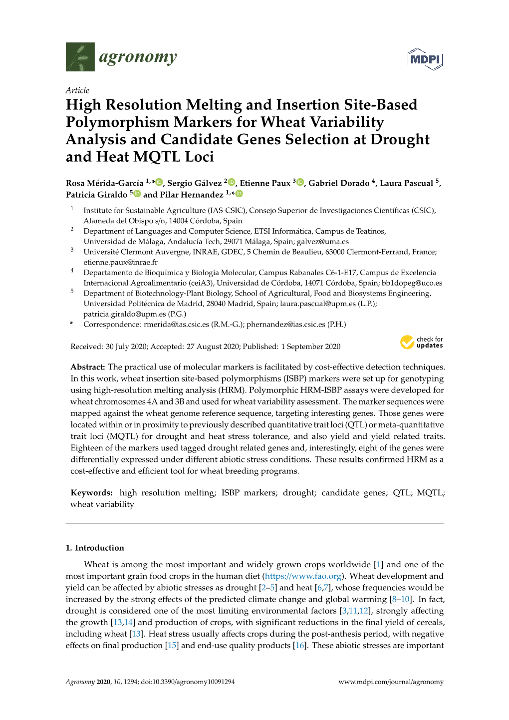 High Resolution Melting and Insertion Site-Based Polymorphism Markers for Wheat Variability Analysis and Candidate Genes Selection at Drought and Heat MQTL Loci