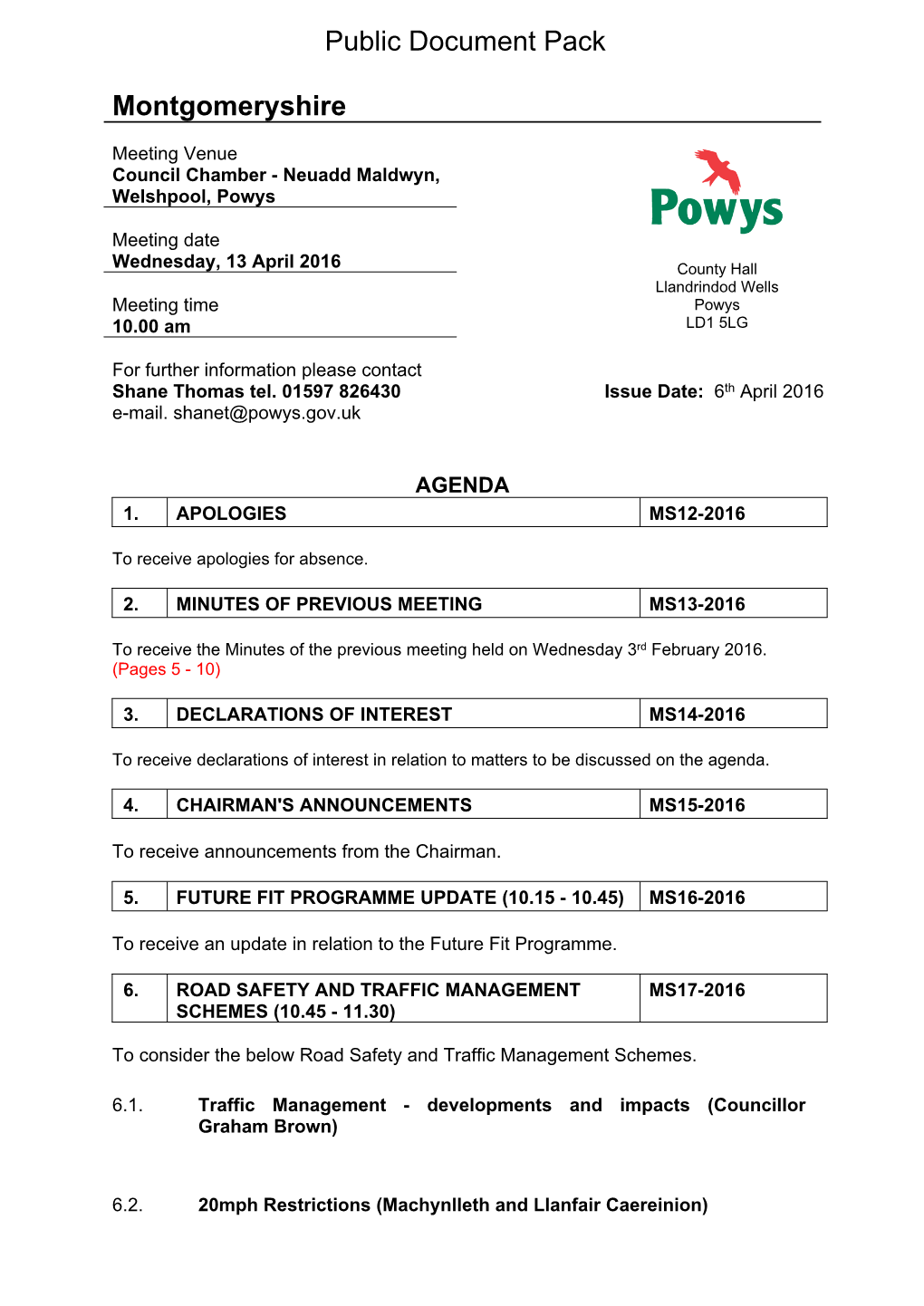 (Public Pack)Agenda Document for Montgomeryshire, 13/04/2016 10:00