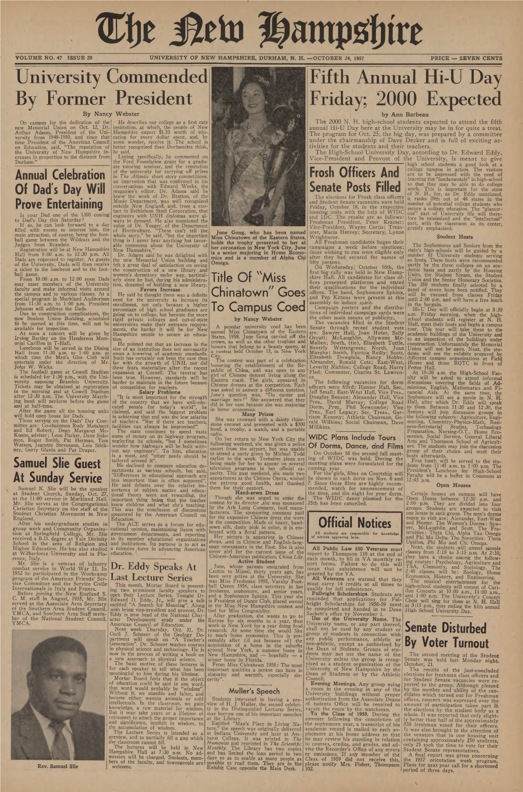 The New Hampshire, Vol. 47, No. 20 (Oct. 24, 1957)