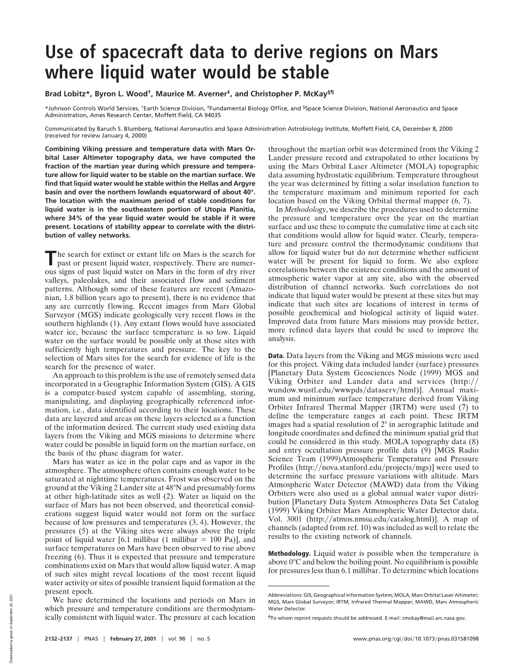 Use of Spacecraft Data to Derive Regions on Mars Where Liquid Water Would Be Stable