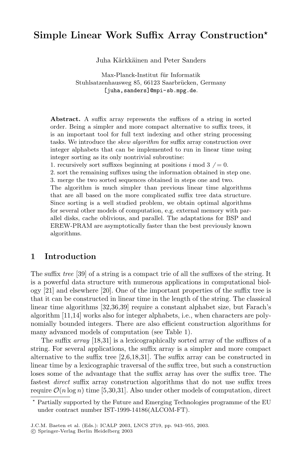 Simple Linear Work Suffix Array Construction*