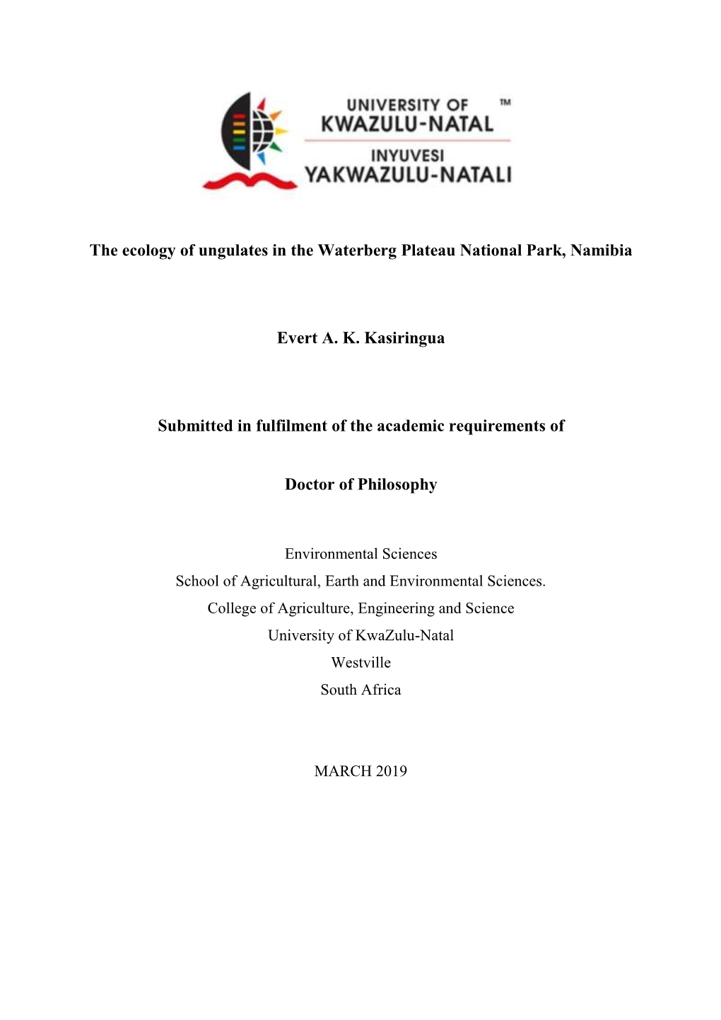 The Ecology of Ungulates in the Waterberg Plateau National Park, Namibia