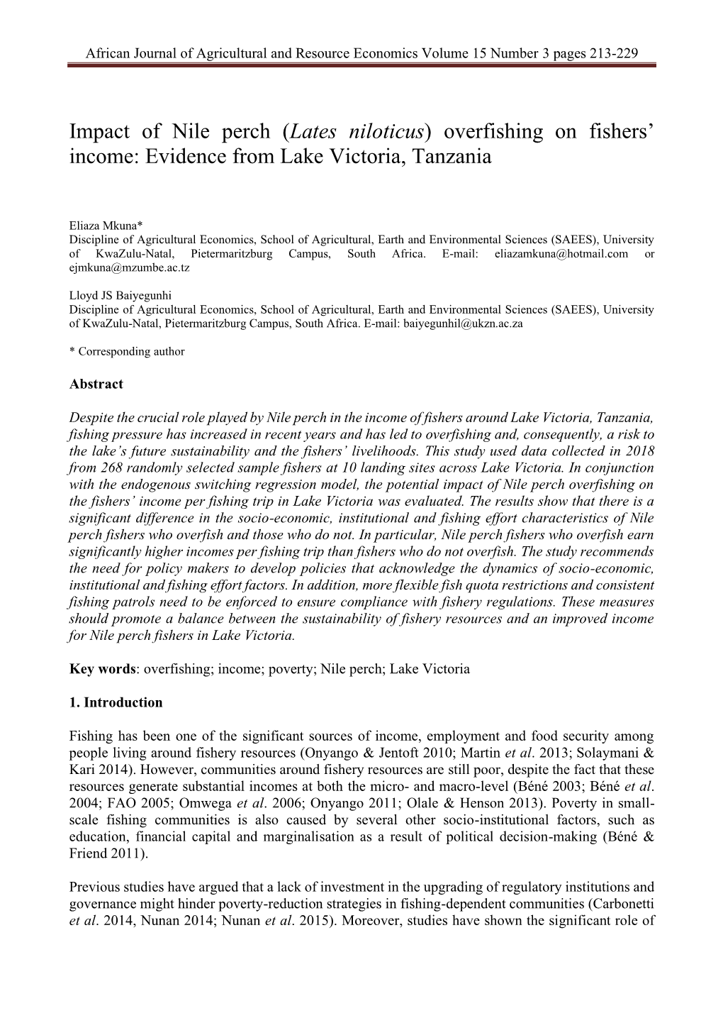 Impact of Nile Perch (Lates Niloticus) Overfishing on Fishers' Income