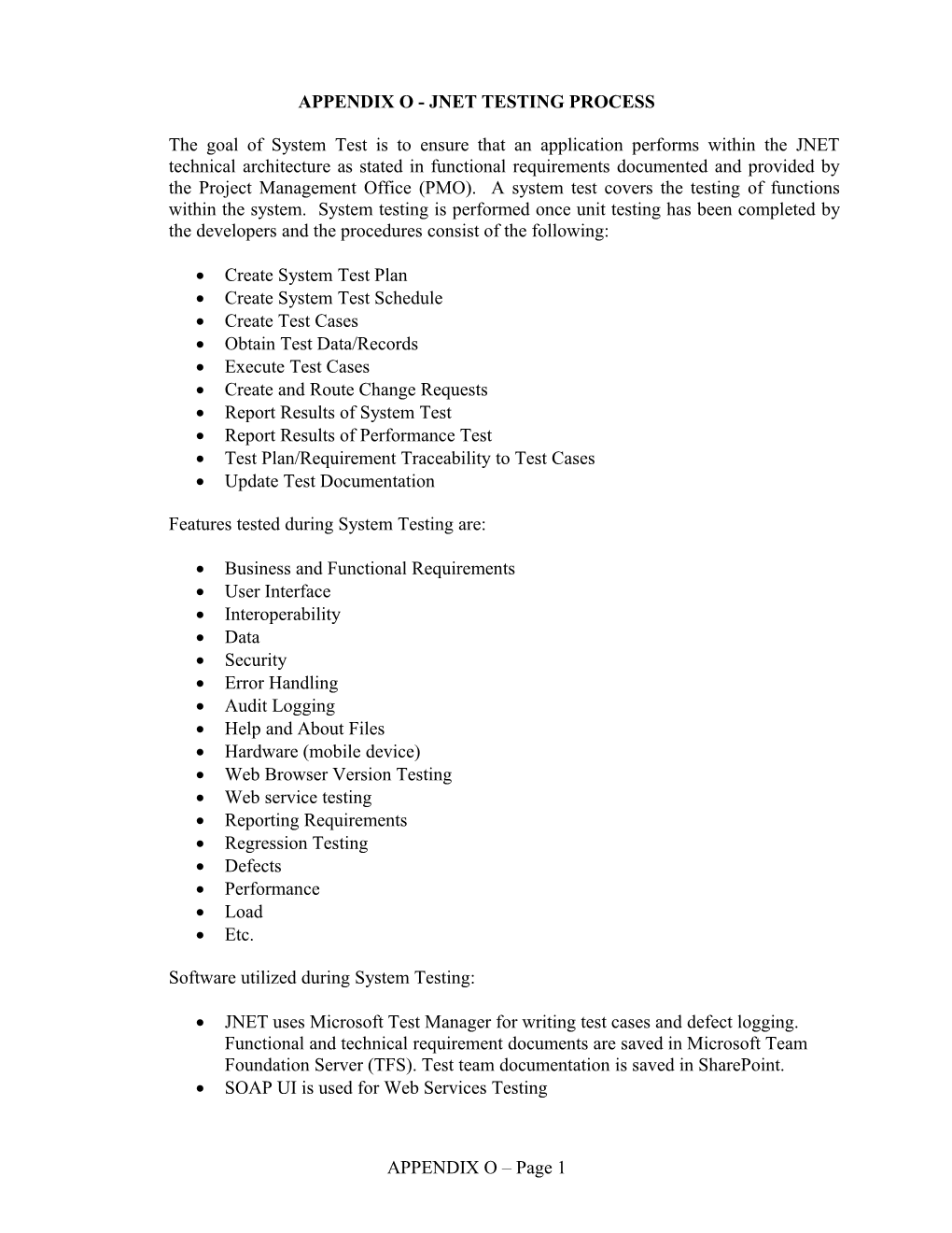 Appendix O - Jnet Testing Process