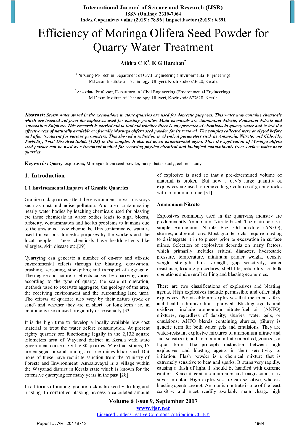 Efficiency of Moringa Olifera Seed Powder for Quarry Water Treatment