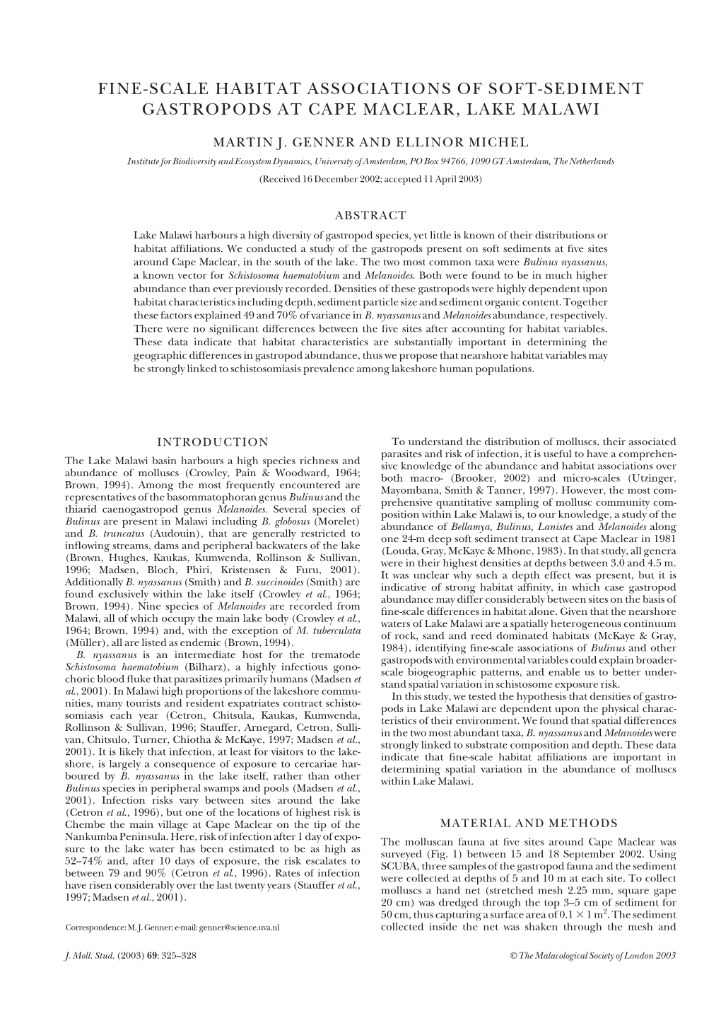 Fine-Scale Habitat Associations of Soft-Sediment Gastropods at Cape Maclear, Lake Malawi