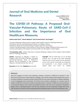 Journal of Oral Medicine and Dental Research the COVID-19 Pathway: a Proposed Oral- Vascular-Pulmonary Route of SARS-Cov-2 I