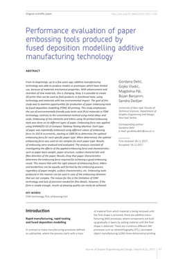 Performance Evaluation of Paper Embossing Tools Produced by Fused Deposition Modelling Additive Manufacturing Technology