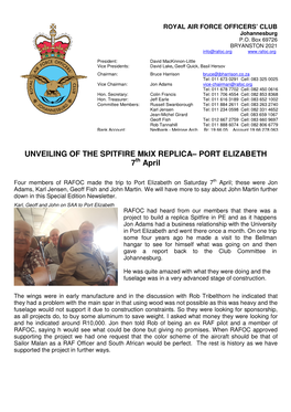 UNVEILING of the SPITFIRE Mkix REPLICA– PORT ELIZABETH 7Th April