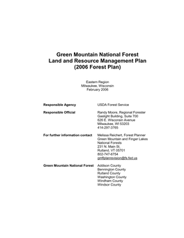 Green Mountain National Forest Land and Resource Management Plan (2006 Forest Plan)
