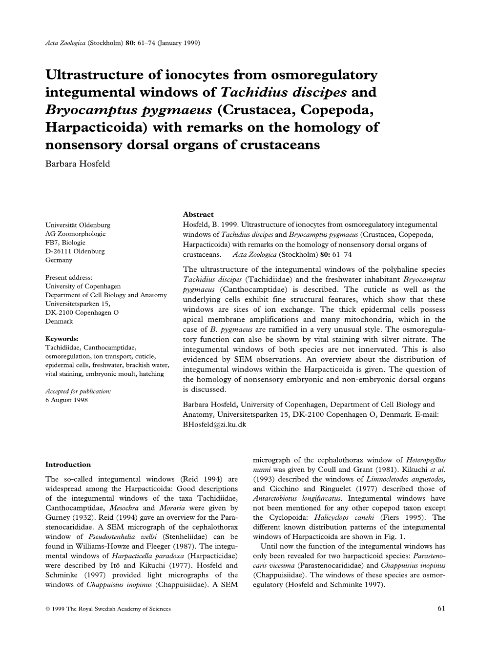 Ultrastructure of Ionocytes from Osmoregulatory