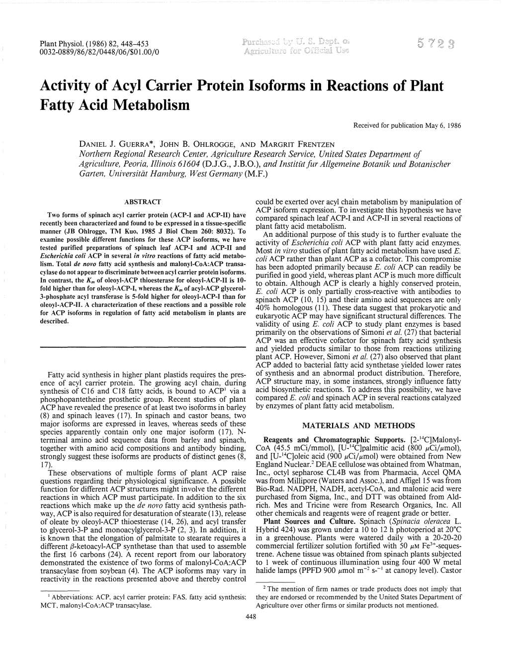 Activity of Acyl Carrier Protein Isoforms in Reactions of Plant Fatty Acid Metabolism