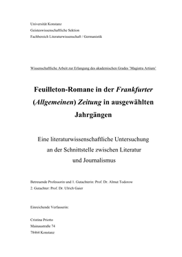 Feuilleton-Romane in Der Frankfurter (Allgemeinen) Zeitung in Ausgewählten Jahrgängen : Eine Literaturwissenschaftliche Unters