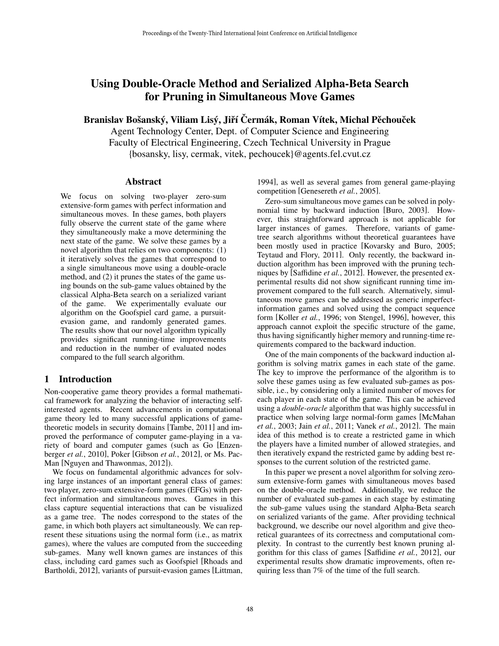 Using Double-Oracle Method and Serialized Alpha-Beta Search for Pruning in Simultaneous Move Games