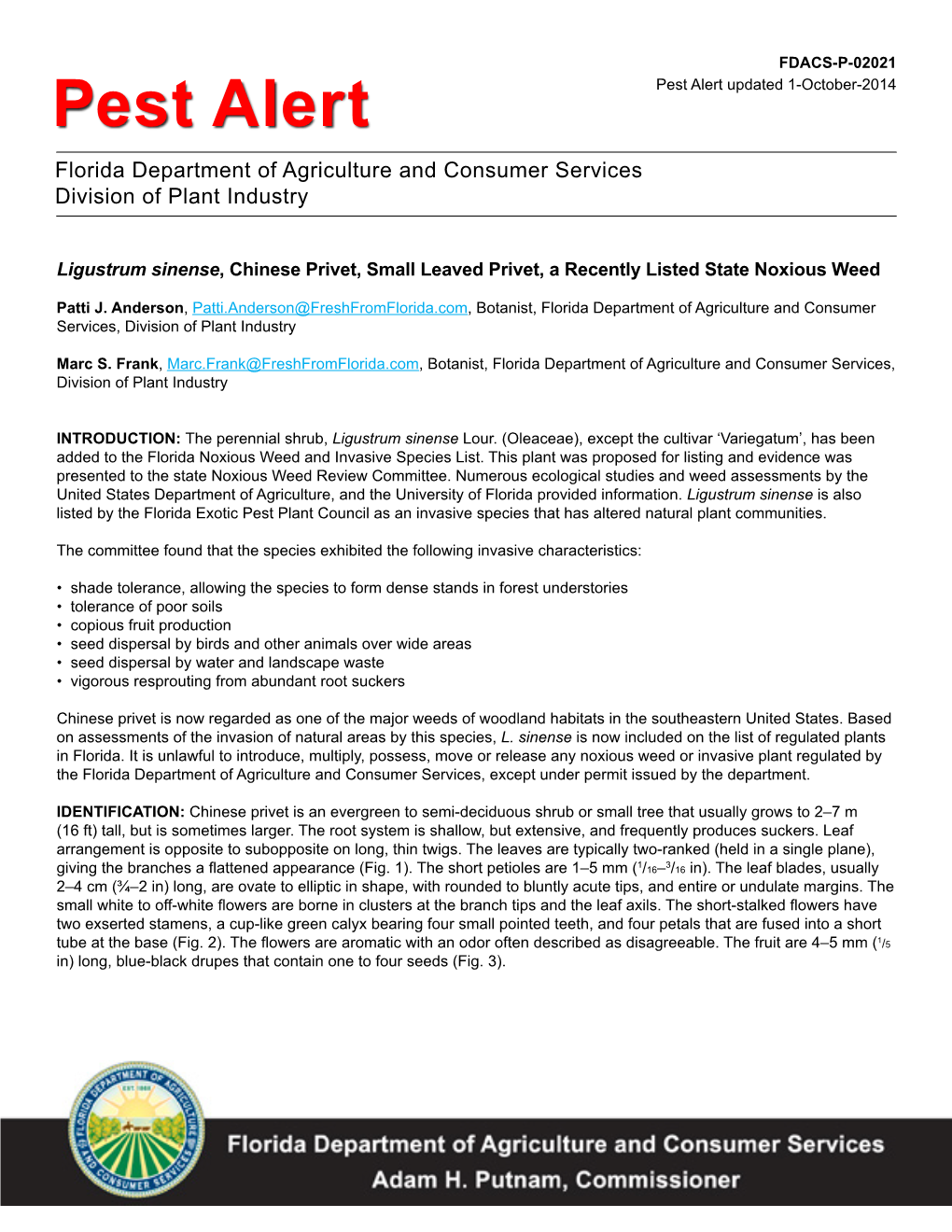 Pest Alert Pest Alert Updated 1-October-2014 Florida Department of Agriculture and Consumer Services Division of Plant Industry