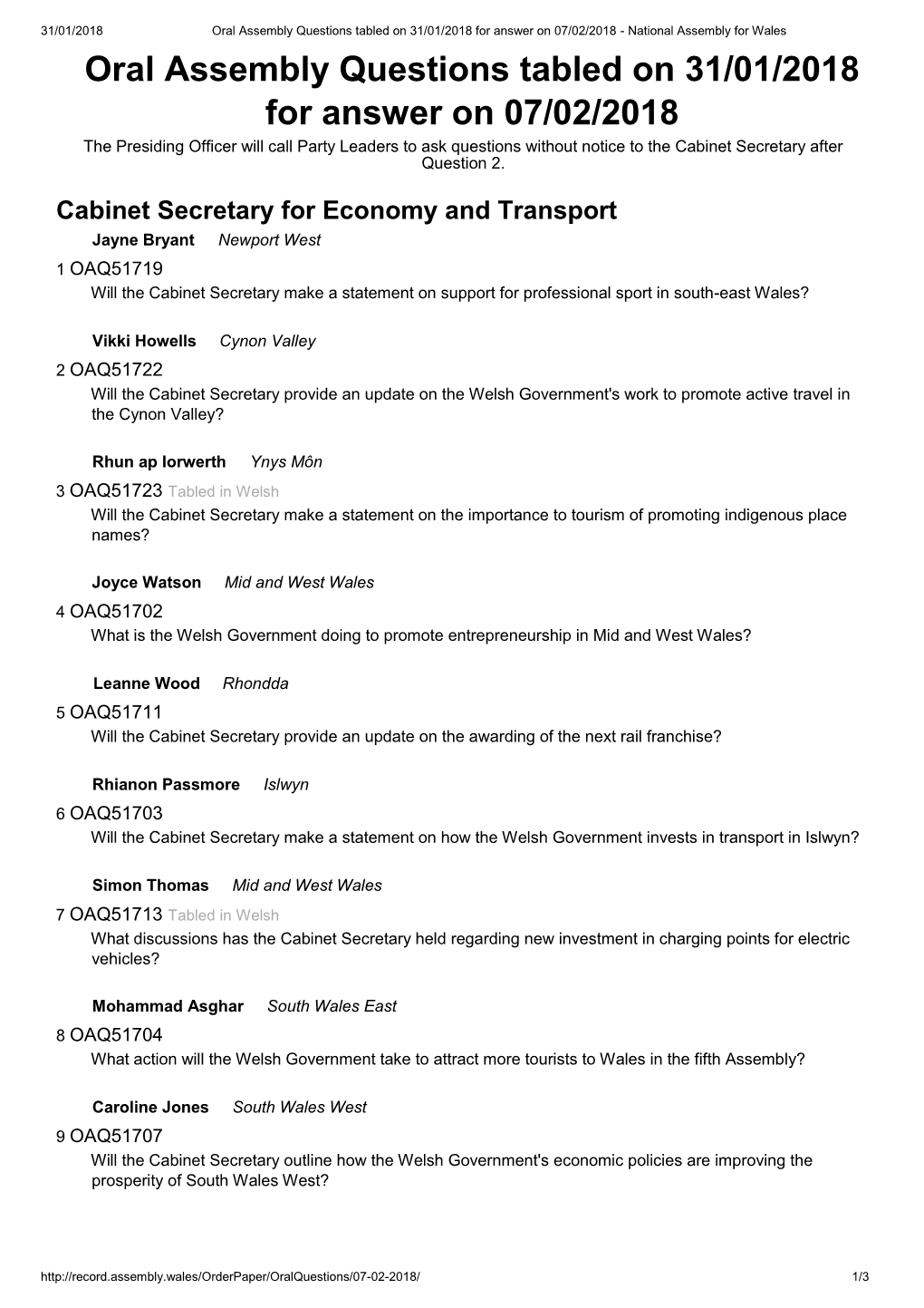 Oral Assembly Questions Tabled on 31/01/2018 for Answer on 07/02/2018 - National Assembly for Wales