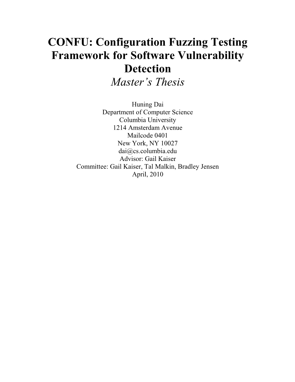 CONFU: Configuration Fuzzing Testing Framework for Software Vulnerability Detection Master’S Thesis