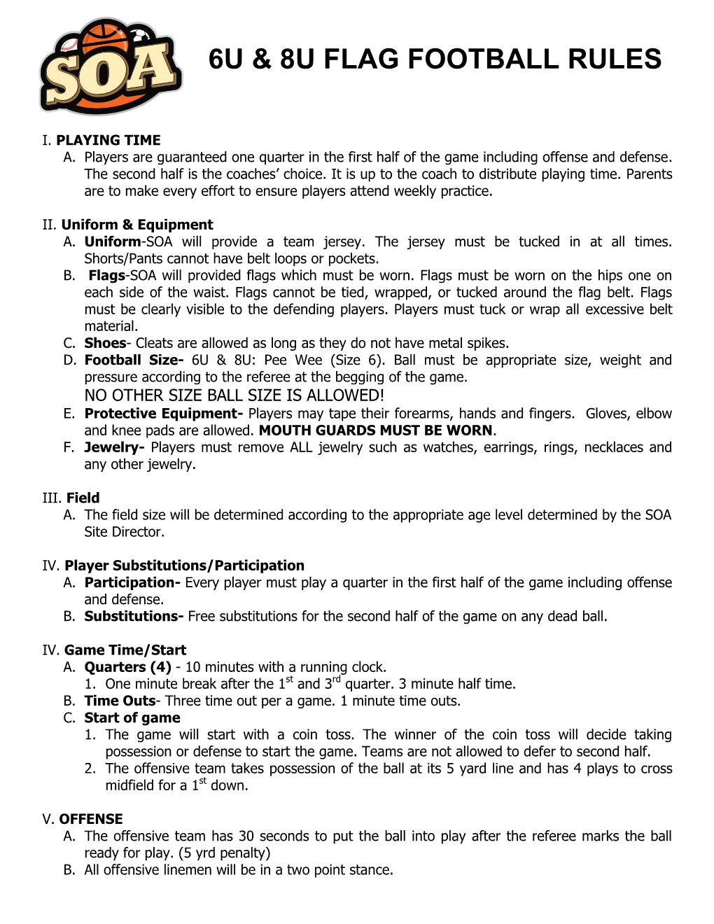 6U & 8U Flag Football Rules