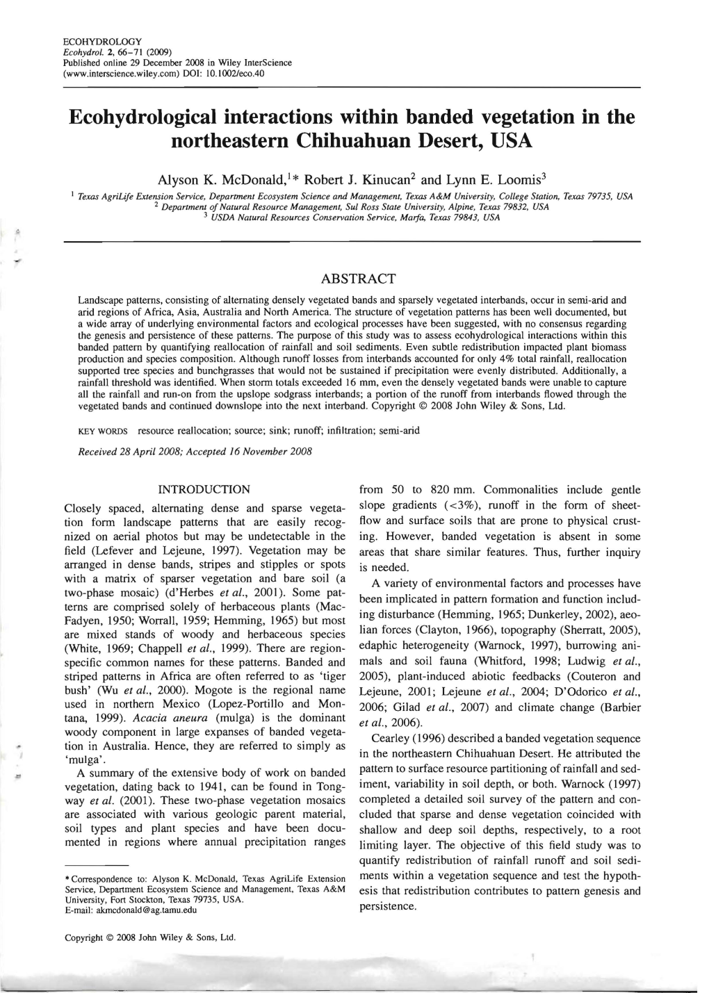 Mcdonald, A. K., R. J. Kinucan, and L. E. Loomis. 2009. Ecohydrological