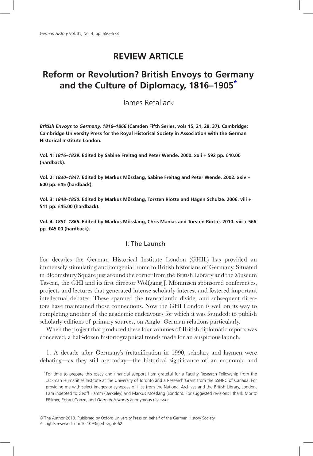 British Envoys to Germany and the Culture of Diplomacy, 1816–1905*